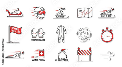 Winter Sports Icons Set: Bobsleigh, Skiing, Snowboarding, Curling, Snowboarding, Bobsleigh, Finish Line, Snowboarding, Ski Suit, Hurricane, Stopwatch, Push-up, Medical Aid, Ice Skating, Hurdles, Wind