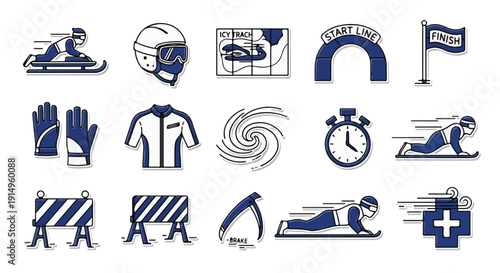 Winter Sports Icons: Sledding, Skiing, Racing, and Training - Vector Graphics Set