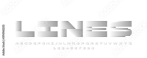 Abstract style geometric font with horizontal speed lines on white background. abc alphabet for banner, poster, printing, typography, t shirt, book and card. Trendy vector illustration.