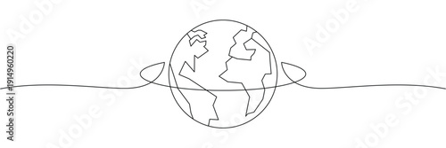 Continuous one line drawing of planet earth globe with orbit path for global travel concept. Editable stroke. Doodle hand drawn vector illustration