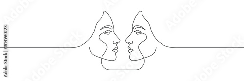 Continuous one line drawing of two women faces looking at each other in minimalist style. Editable stroke. Doodle hand drawn vector illustration