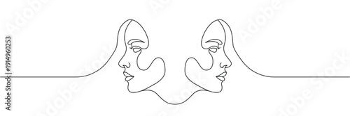 Continuous one line drawing of two female faces in profile facing opposite directions minimalist art style. Editable stroke. Doodle hand drawn vector illustration