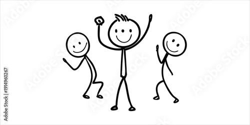 Three Happy Stick Figures Cheering Together with Joyful Expressions on Isolated White Background