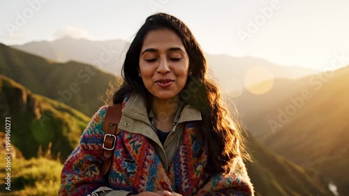 Adventurous Woman Embracing Mountain View at Sunset