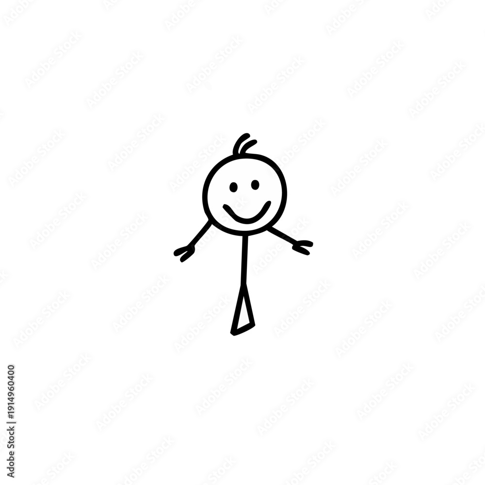 Fototapeta premium Happy Stick Figure Child Standing with Arms Outstretched, isolated white background