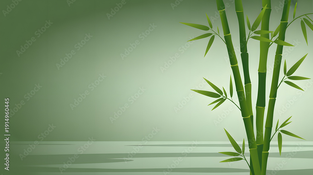 Fototapeta premium Elegant Green Bamboo Stalks with Leaves on a Soft Green Background, Serene Asian Inspired Design with Copy Space for Text and Product Placement