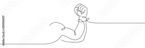 Continuous one line drawing of a muscular arm with clenched fist showing strength and power. Editable stroke. Doodle hand drawn vector illustration
