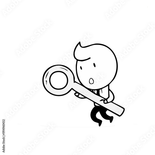 Surprised Stick Figure Man Carrying Large Key, Discovering Solution on Isolated White Background