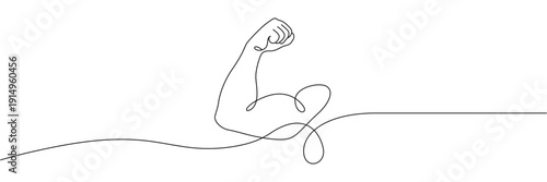 Continuous one line drawing of a strong muscular arm flexing bicep for fitness and power concept. Editable stroke. Doodle hand drawn vector illustration
