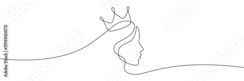 Woman profile wearing crown in continuous one line drawing style for royal logo brand design. Editable stroke. Doodle hand drawn vector illustration