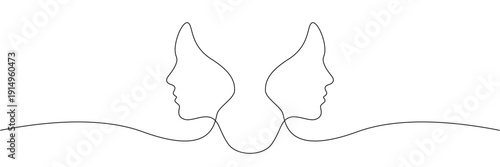 Continuous one line drawing of two human profiles facing opposite directions representing duality and mental health. Editable stroke. Doodle hand drawn vector illustration