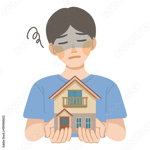 一戸建てを購入したことを、後悔している男性のイラスト