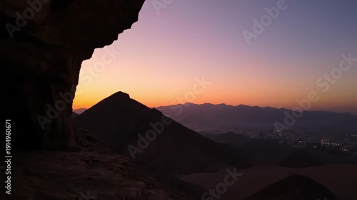 Sunset over Hira Cave mountains Mecca Saudi Arabia dramatic sky