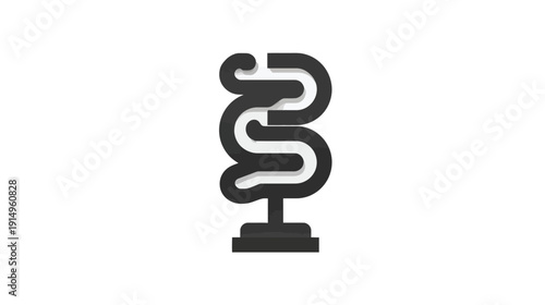 A dark grey stylized abstract sculpture resembling a stylized serpentine form on a plinth