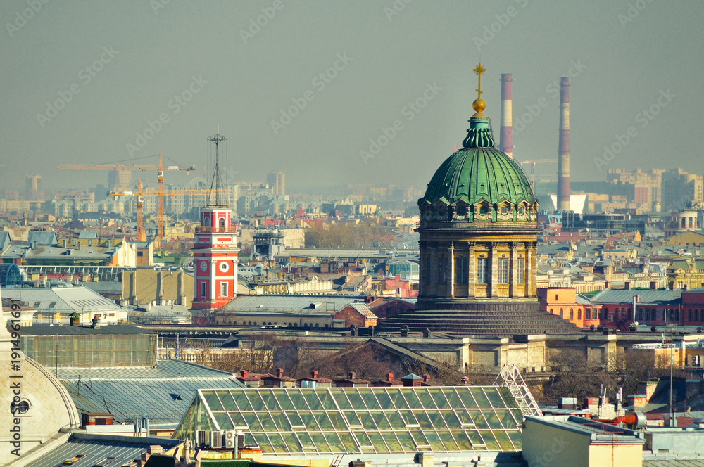 Fototapeta premium St Petersburg Russia. Panoramic view of Saint Petersburg, Russia from height. Selective focus at Kazan Cathedral. Spring urban aerial view of St Petersburg landmarks