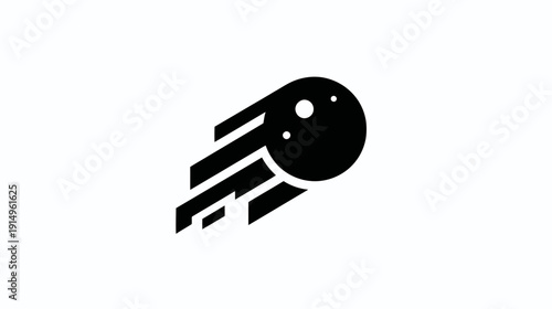 Black and white abstract comet illustration on a white background, with a rounded sphere and trails