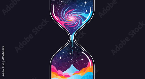 Vibrant hourglass with swirling galaxy and colorful sand against a dark cosmic background