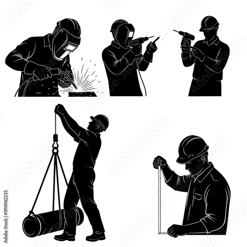 Industrial workers performing various tasks in black and white silhouettes.