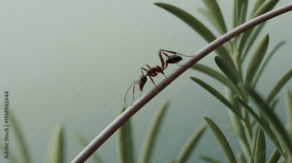 Naklejka premium Detailed Close-Up of an Ant Crawling on a Plant Stem with Green Leaves Against a Soft Background, Macro Insect Photography