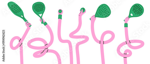 Creative vector illustration featuring elongated pink wavy arms holding green padel rackets and balls. Ideal for padel club branding, tournament posters, sports campaigns, social media graphics,event