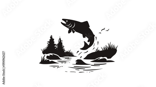 Black and white illustration depicts a leaping fish in a river with trees and birds in the background