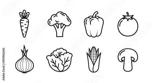 A delightful assortment of eight different vegetables, each illustrated in black and white