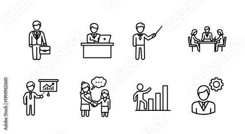 Diverse illustrations of people engaged in various professional activities and interactions