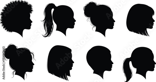 Women Profile Silhouettes Collection with Different Hairstyles Afro Bun Ponytail and Bob Haircuts Isolated on White Background Beauty Salon Concept
