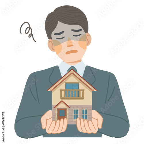 スーツ姿の男性が一戸建てのデメリットに落ち込んでいるイラスト