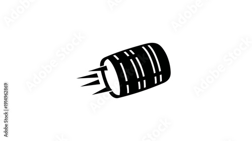 A monochrome illustration of a cylindrical object with lines, and speed streaks, possibly a jet engine