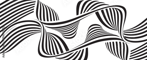 Black on white abstract perspective line wave stripes with 3d dimensional effect isolated on white. vector