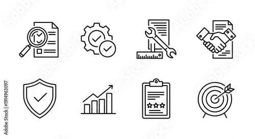 Icons representing various aspects of business and management processes