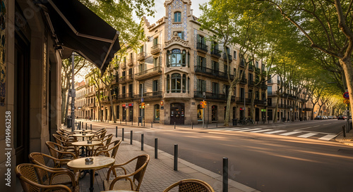 Empty outdoor cafe terrace and ornate historic building on a qui
