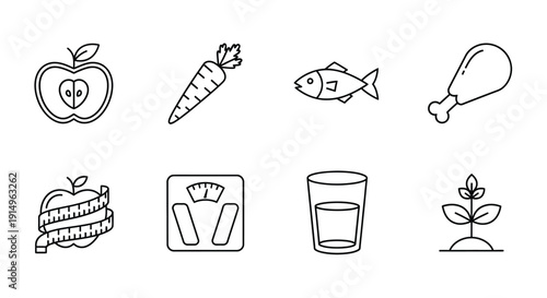 Healthy eating and exercise icons for a balanced lifestyle