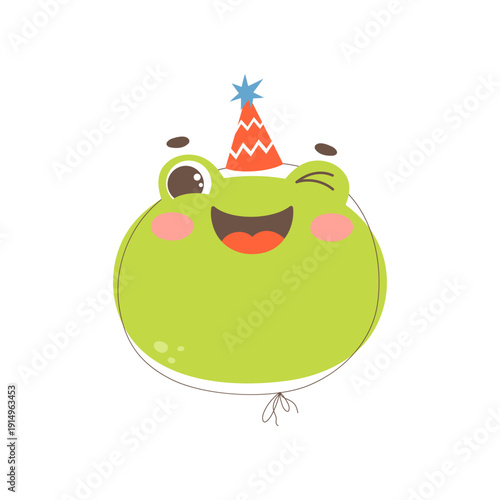 Cute frog wearing a pary hat. Birthday party vector animal character illustration for greeting card, invitation, prints.