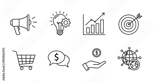 A collection of icons representing various aspects of business and finance
