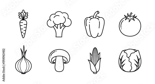A delightful assortment of eight different vegetables drawn in a simple black and white style