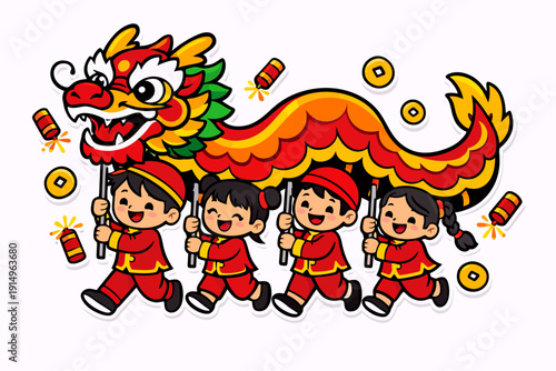 Four happy cartoon children performing a vibrant Chinese dragon dance with firecrackers and coins.