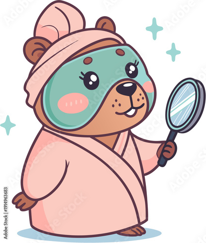 Cute Capybara Wearing a Facial Mask and Holding a Mirror