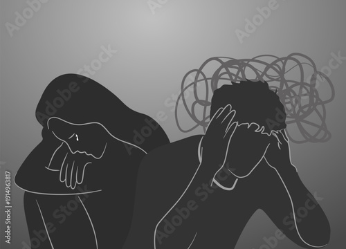 Dark grayscale illustration of a stressed person holding head with chaotic scribble above, symbolizing anxiety and mental struggle.