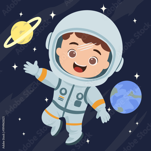 Cute smiling child astronaut floating in space with planets and stars, playful educational theme.
