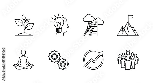 Icons representing personal growth, self-improvement, and goal achievement