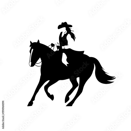 Dynamic Vector Illustration of Fearless Cowgirl Riding Galloping Horse Across Western Prairie Landscape