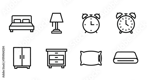 A variety of bedroom furniture and items including beds, wardrobes, and alarm clocks