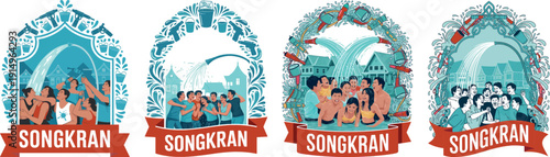 Songkran Festival with Multiple Water Fight Illustrations and Traditional Thai Symbols