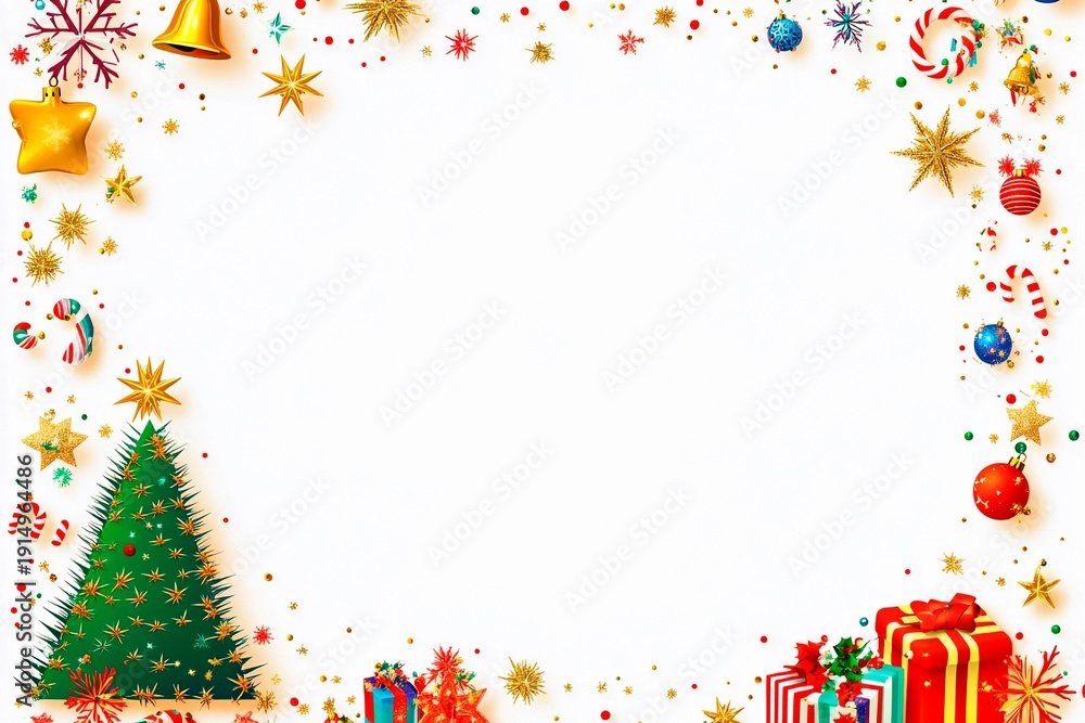 Fototapeta premium Festive holiday frame adorned with spiky decorations and colorful ornaments for Christmas celebrations
