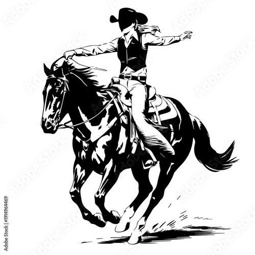Dynamic Vector Illustration of Fearless Cowgirl Riding Galloping Horse Across Western Prairie Landscape
