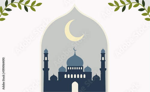 Islamic Mosque Silhouette with Crescent Moon.