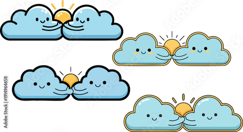 Cute vector illustration of two smiling blue clouds holding a yellow sun, isolated on a transparent background, perfect for children's books or weather apps.