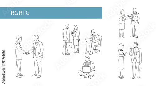 A series of illustrations depicting various business interactions and meetings